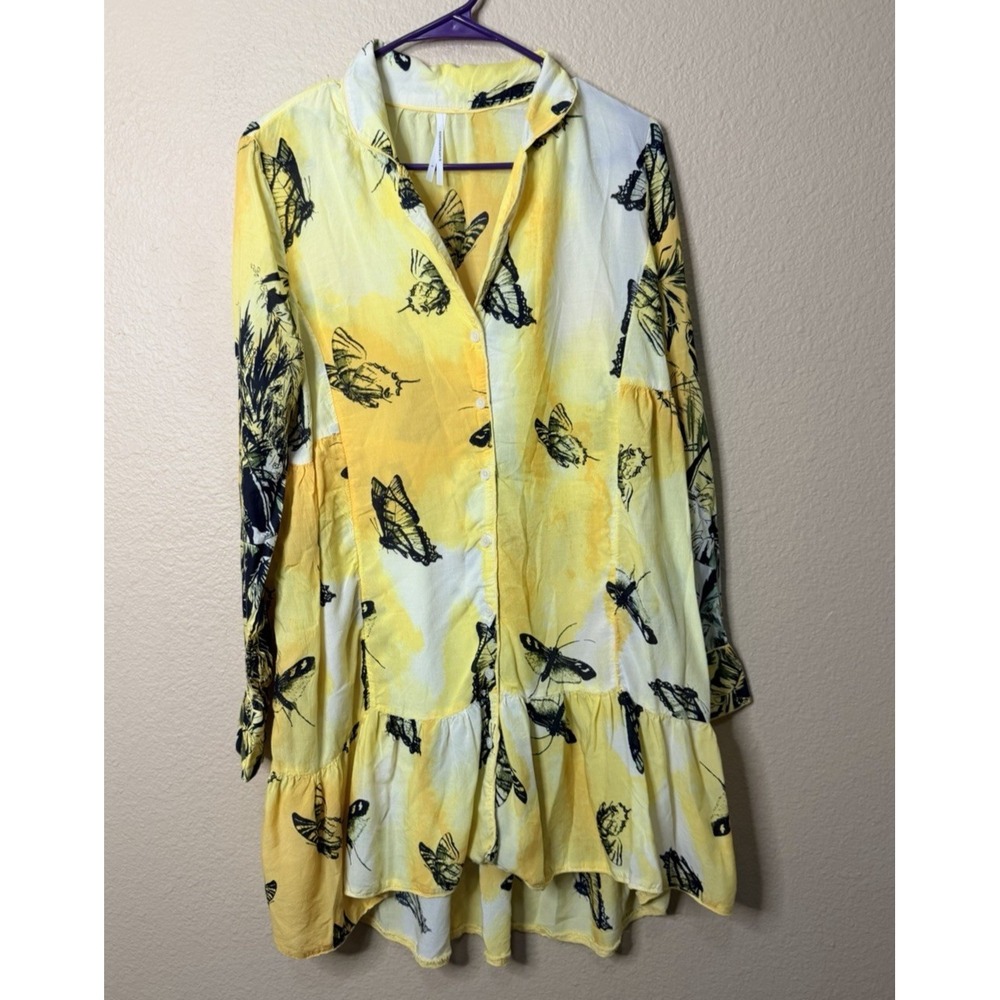 Anthropologie Dahlia Tunic Top Yellow Butterflies Button Front Loungewear Small